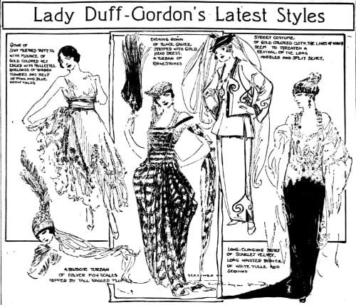 Lady Duff-Gordon't Latest Styles, as presented in a vaudeville circuit pantomime and sketched by Marguerite Martyn of the St. Louis Post-Dispatch in April 1918